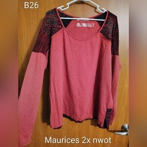 Maurices Rose Pink V-Neck Long Sleeve Top with Embellished Shoulders
